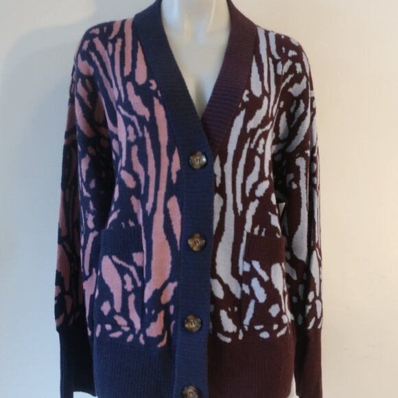 Women Alivia Blue Pink Leopard Alpaca Wool Knit V-Neck Cardigan Sweater L - Picture 3 of 10